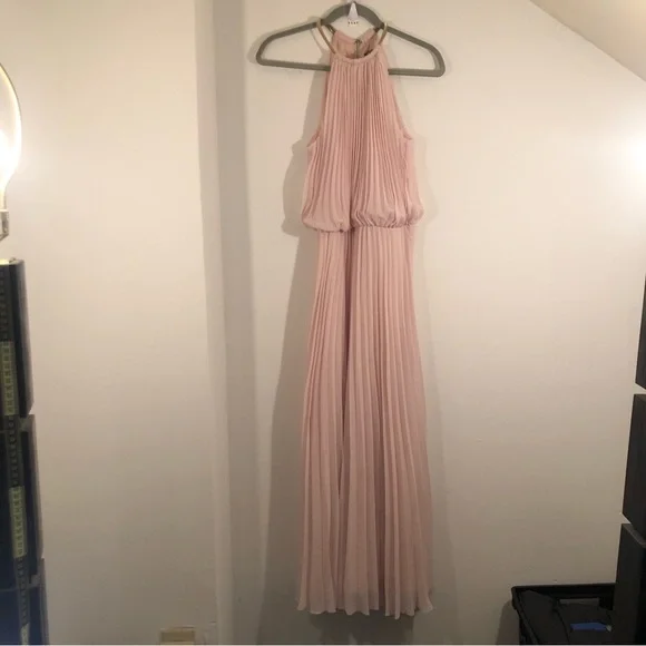 MSK Maxi Dress Size 6 Pale Pink Gold Neck Pleated Sheer Wedding Guest -  Flowy